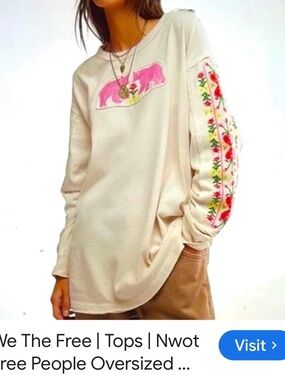 Free People Cream Oversized Top with Pink Elephant Motif